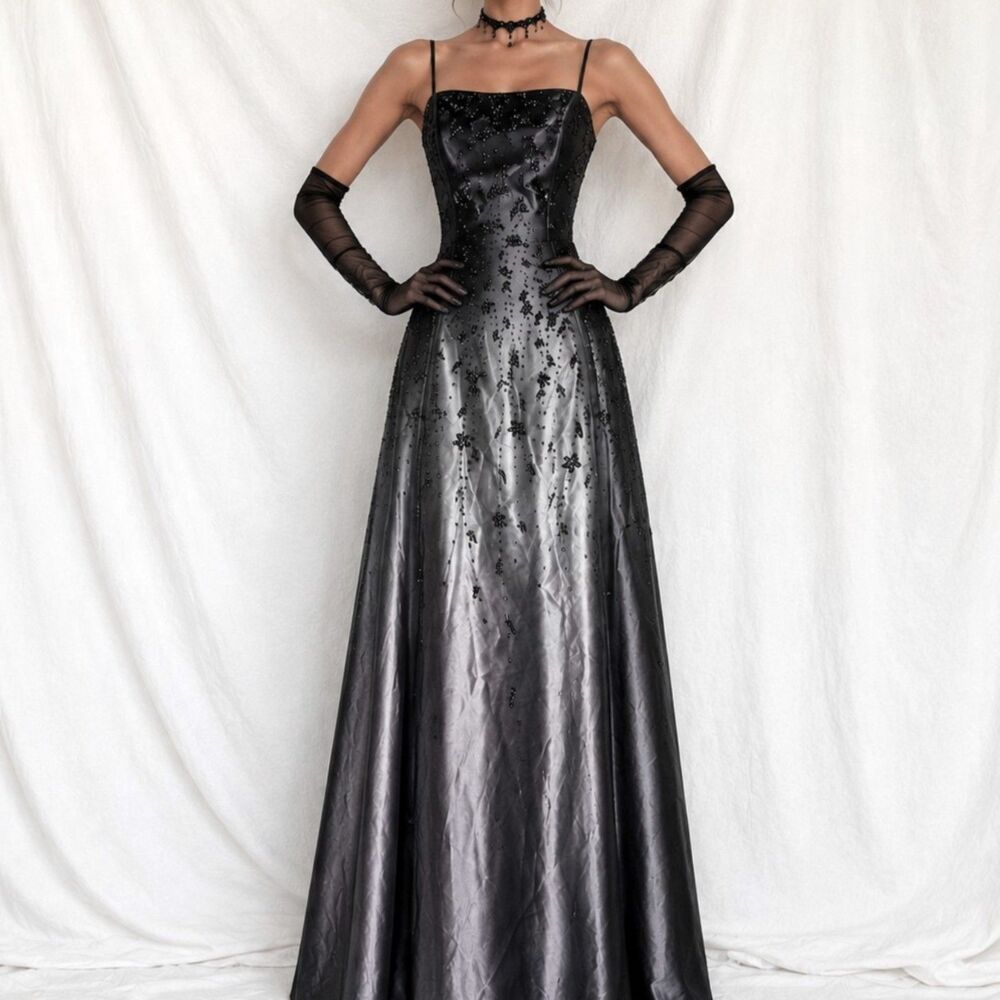 Vintage Y2K Black Purple Beaded Satin Ombre Mesh Fit Flared Maxi Prom Dress S/M